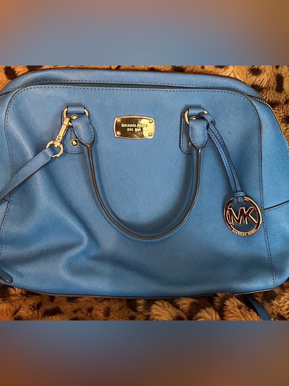 Michael Kors Bright Blue Saffiano Leather Satchel with Gold Hardware